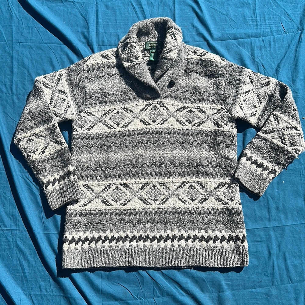 Lauren Ralph Lauren exclusive hand knit wool shawl collar sweater grey/white M